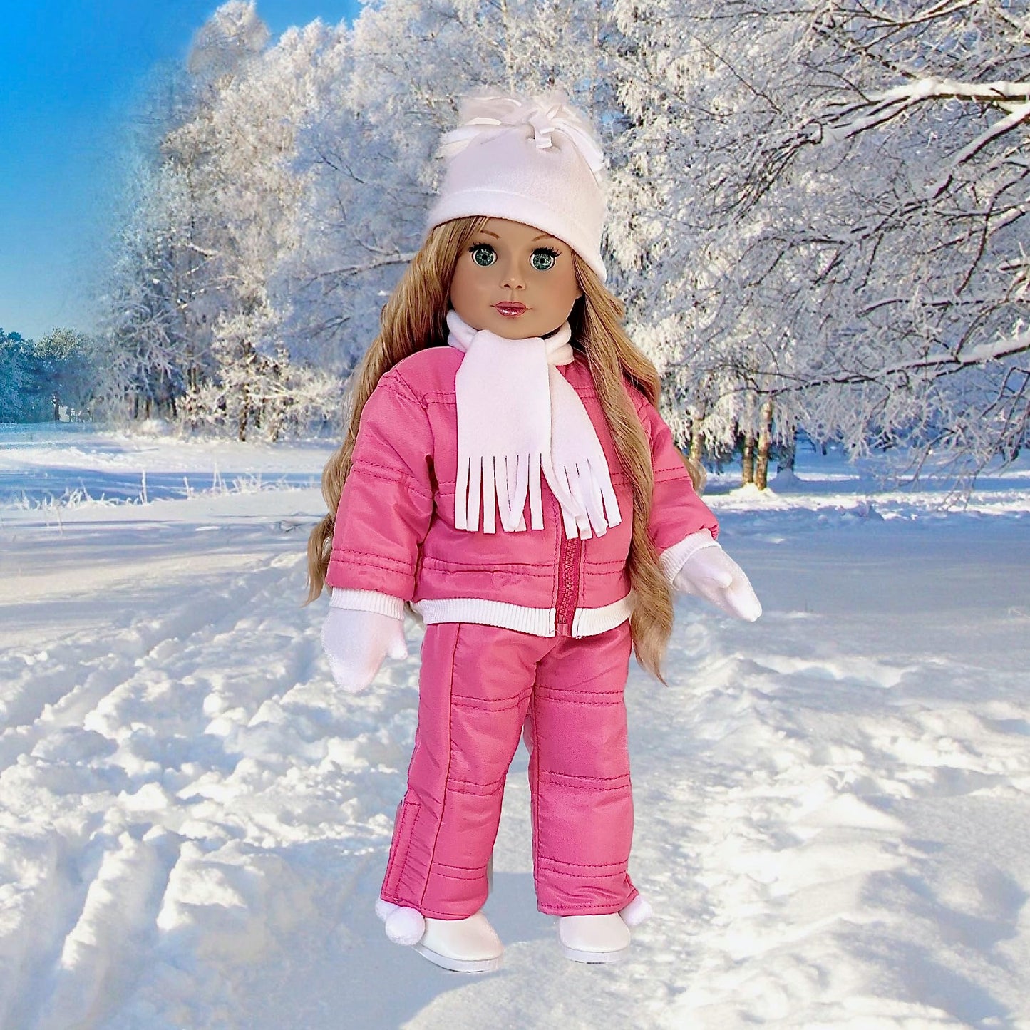 Dreamworld Collections Let It Snow - 7 Piece 18 Inch Doll Outfit - Complete Snowsuit - Pink Snow Pants, Jacket, White Turtleneck, Hat, Scarf, Mittens And Boots - (Doll Not Included)