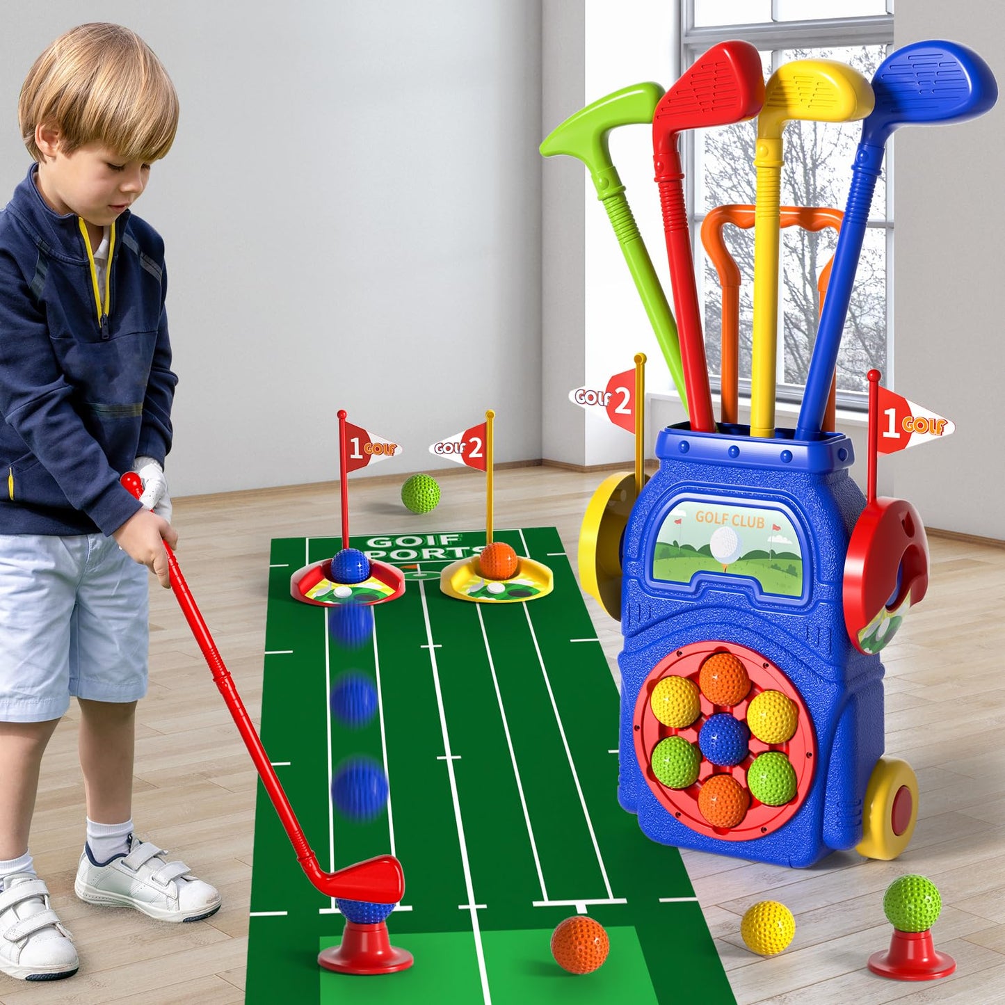 WATUDOU Toddler Golf Set Toys for Kids, Kids Toddler Golf Clubs with 7 Balls, Putting Mat & Golf Board, Toys Gifts for 3 4 5 6 Y