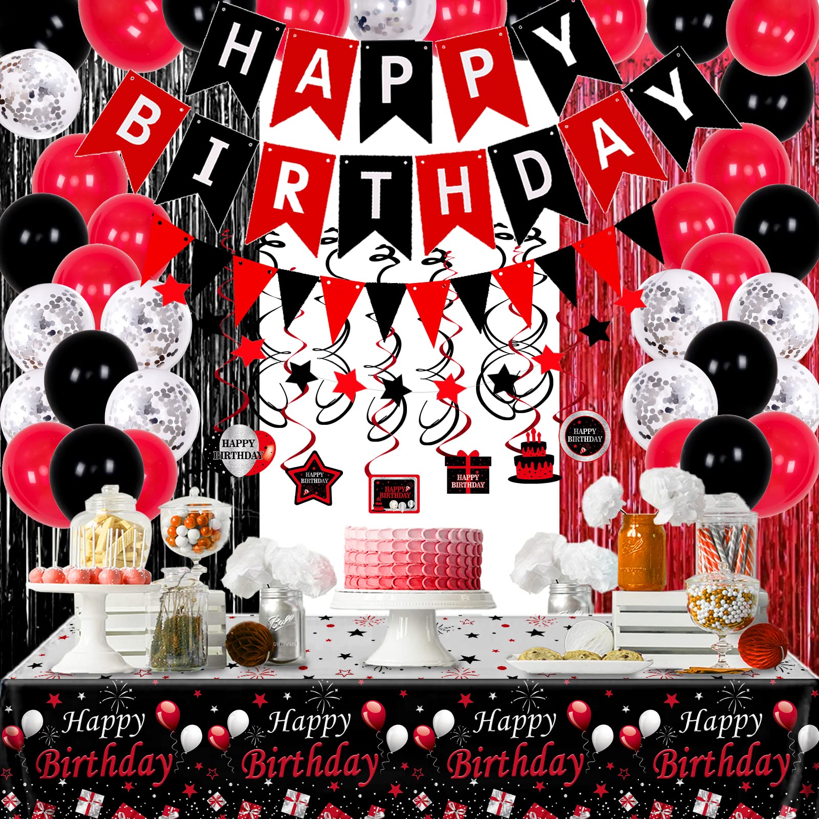 Red And Black Birthday Decorations For Men Women, 74Pcs Happy Birthday Party Decorations For Boys Girls With Happy Birthday Banner Tablecloth Foil Fringe Curtains Hanging Swirls Decor Black And Red Party Decorations Bday Party Supplies