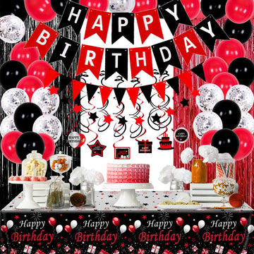 Red And Black Birthday Decorations For Men Women, 74Pcs Happy Birthday Party Decorations For Boys Girls With Happy Birthday Banner Tablecloth Foil Fringe Curtains Hanging Swirls Decor Black And Red Party Decorations Bday Party Supplies