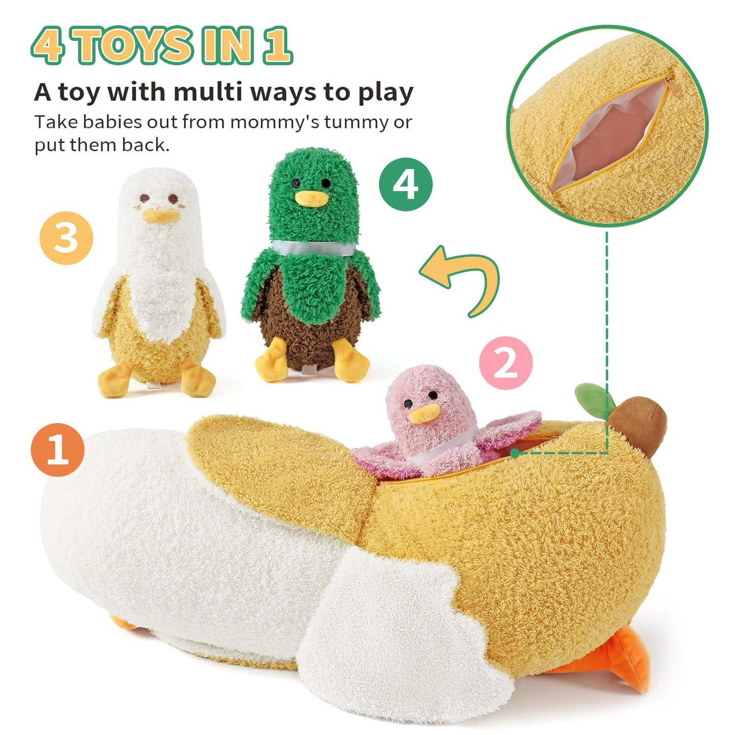 PEACH CAT Banana Duck Plush Set - 19.7 Mommy Duck with 3 Cute Babies, 4-Piece Stuffed Animal Toy Gift for Kids, Family Fun