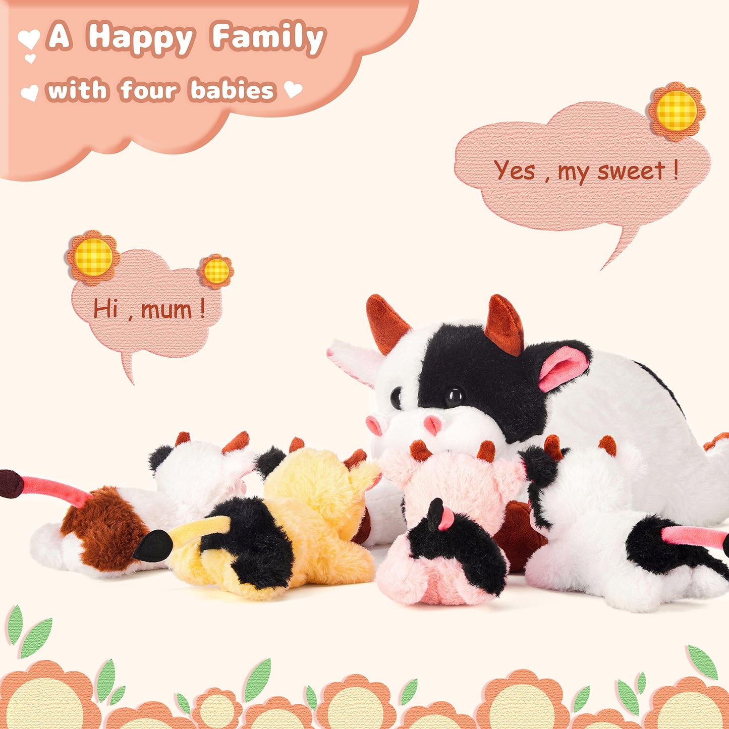 Ikasa Mommy Cow Stuffed Animal Mom And Baby Plush,Cute 17' Soft Small Fluffy Mama Family Set Cuddly Huggable Toy With Little Mini Babies
