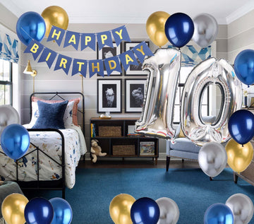 10Th Birthday Party Decoration For Boys, Birthday Banner Number 10 Birthday Balloons Metallic Silver Blue Gold Latex Balloon For