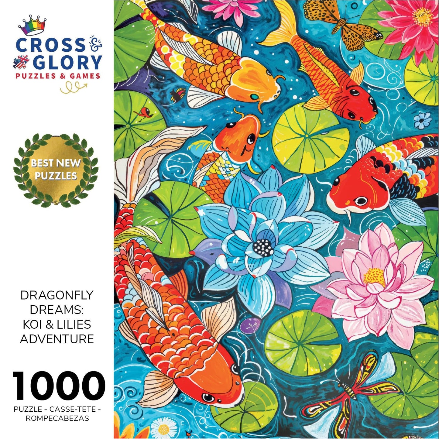 Cross & Glory 1000 Piece Jigsaw Puzzle - Dragonfly Dreams Koi & Lilies Adventure, Large Size, 1.8mm Thick Cardboard, Vibrant Art