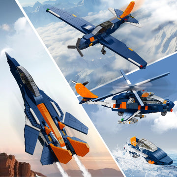 Hogokids 3 In 1 Fighter Jet Plane Building Sets, Military Propeller Aircraft Gunship Building Toys With Vehicle/Rocket Launcher/Speedboat Model Toys, Birthday Gift For Kids, Boys And Girls 10+, 738Pcs