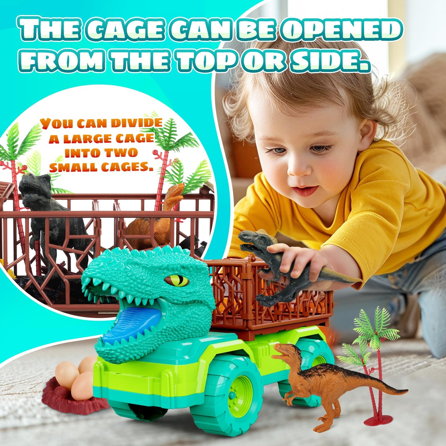 JoyBuilders 18 in 1 Dinosaur Toys for Kids 3-5, Dinosaur Truck Toys for Kids with 2 Pull Back Cars, 8 Dino Figures, Dinosaur Toy