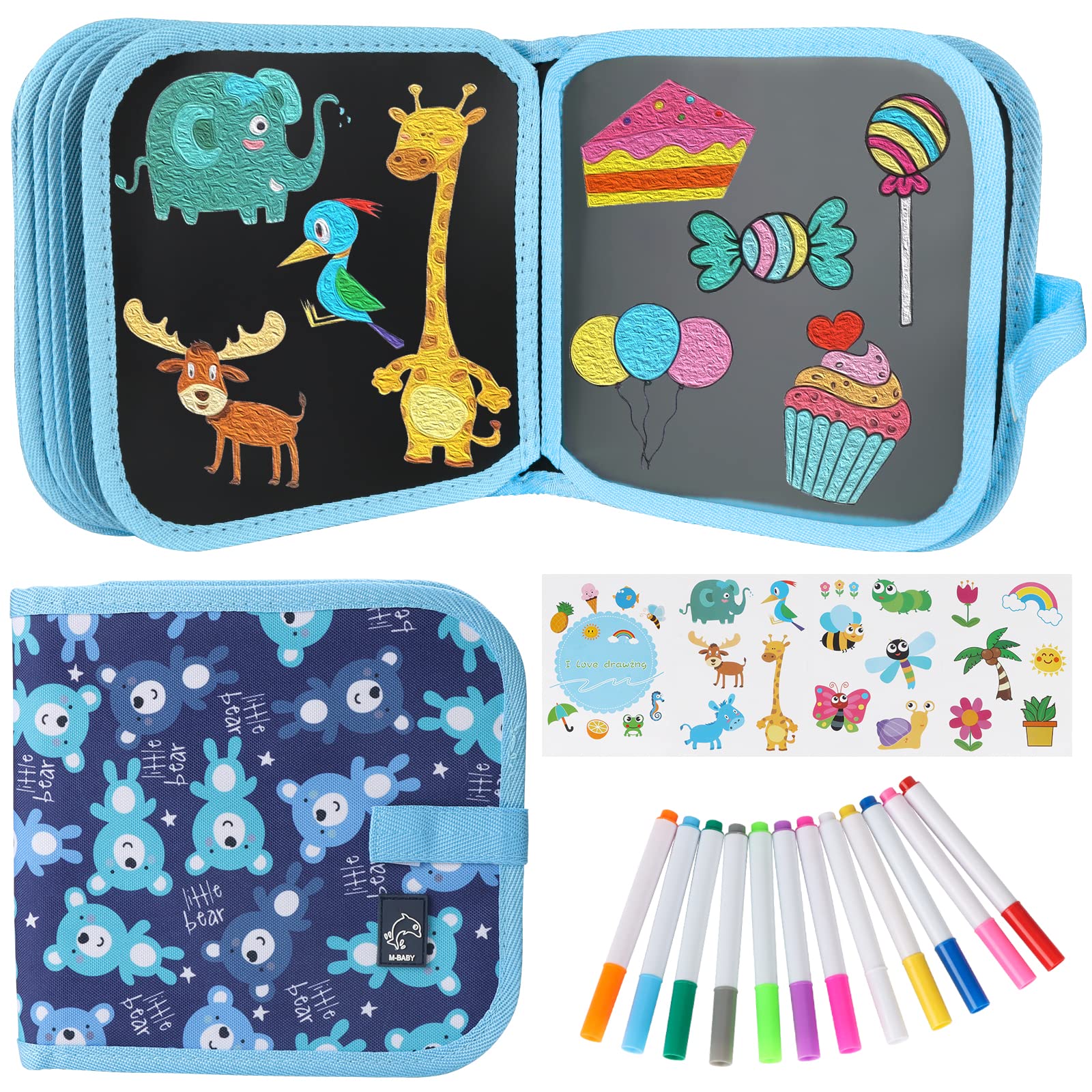 Qrytoi Erasable Doodle Set for Kids - Reusable Magic Drawing Book with 12 Watercolor Pens 14 Page Drawing, Road Trip Car Game Wr