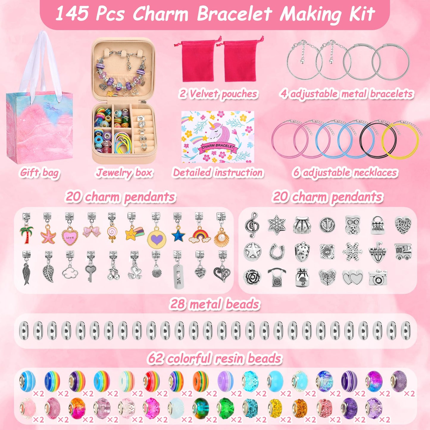 Charm Bracelet Making Kit for Girls, 140 PCS DIY Craft Bead Sets Jewelry Making Kit for Teen Girls Age 8-12, Portable Bracelet O