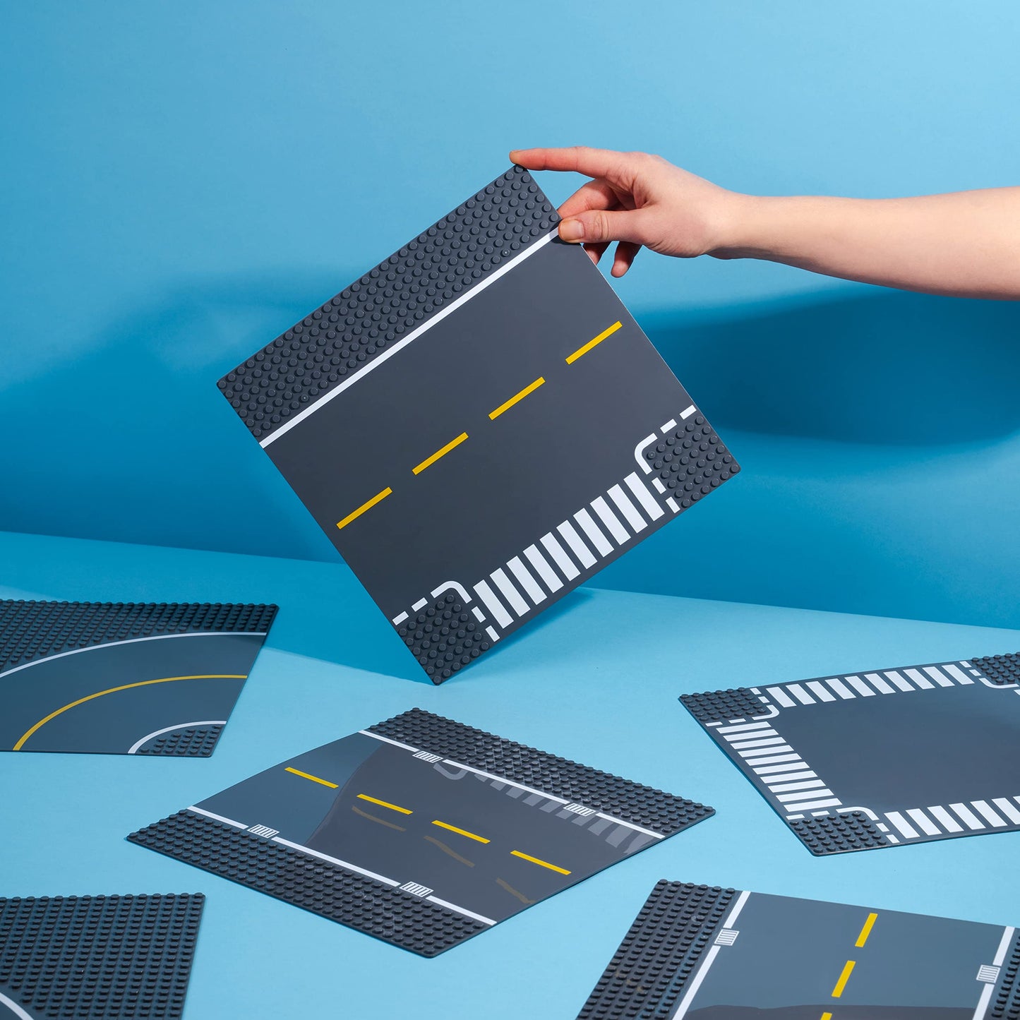 Apostrophe Games Road Baseplate - Premium Building Blocks Base Plates Compatible With All Major Brands - 8Pcs Baseplate Gray With Road Design - Straight, Curve, Crossroad, T-Junction Gray Base Plates