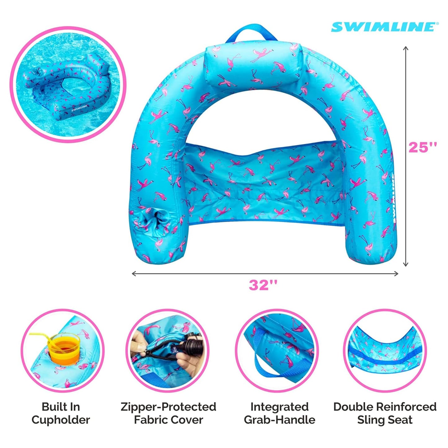 Swimline Original Fabric Covered U-Seat Inflatable Pool Lounger Flamingo Pattern | With Comfortable Sling Seat, Back Rest, And Built In Cup Holder | For Pool, Beach, Lake, And More