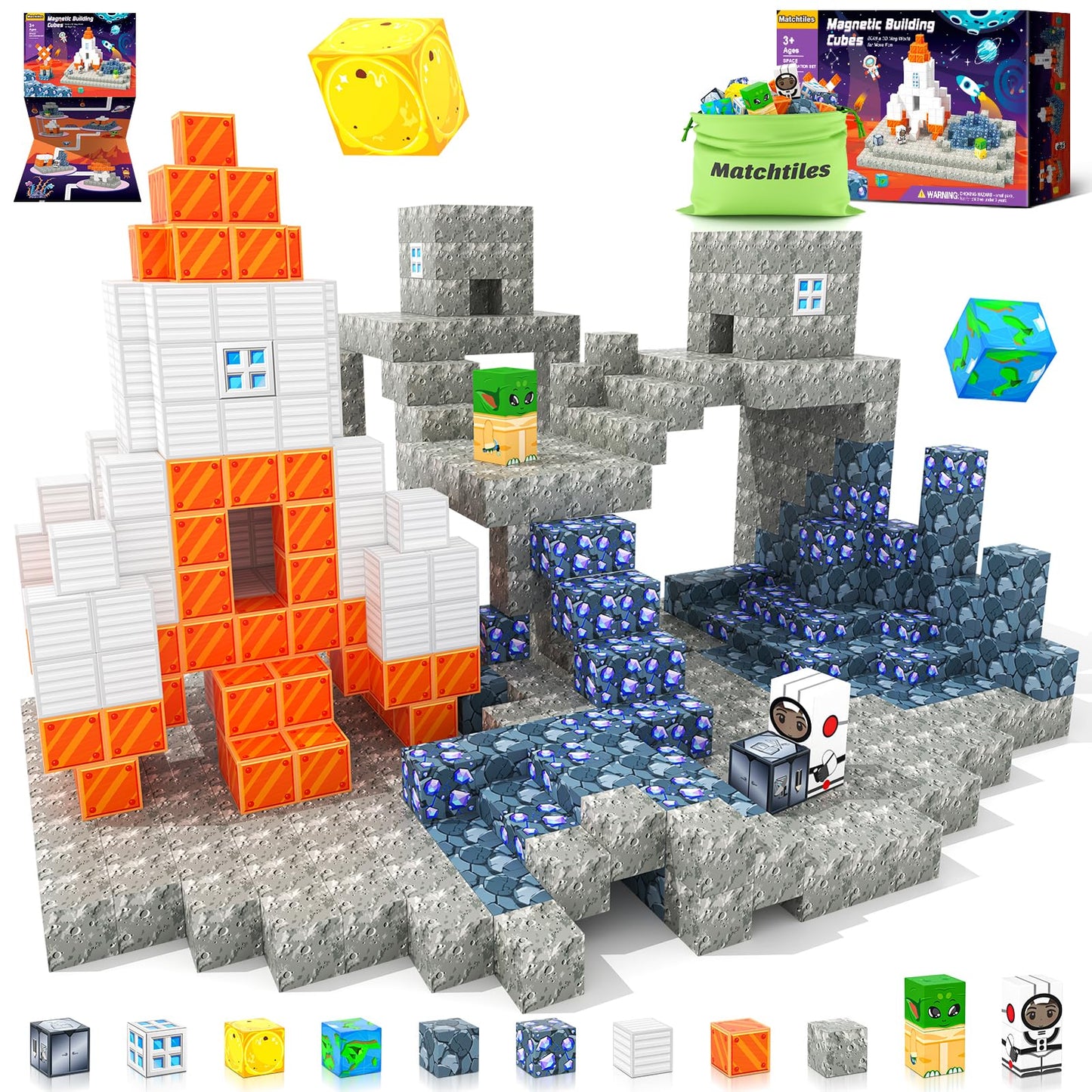 Magnetic Blocks Space Set, Build Mine Magnet World Set, Magnetic Tiles Building Toys For Boys & Girls Age 3-5 5-7, Stem Montesso