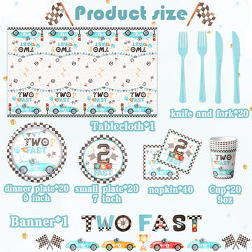 142Pcs Two Fast Birthday Party Tableware Decorations For Boys Blue Race Car Checkered Flags Racing Wheel Disposable Plates,Table