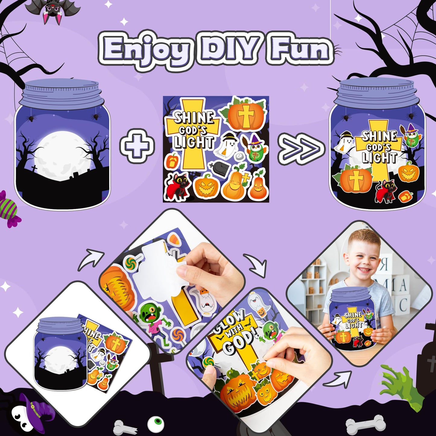 Cy2Side 12 Set Halloween Jesus Cross Stickers Scene For Kids, Make A Halloween Ghost Jar Sticker Scene With Pumpkin Witch, Make Your Own Jesus Light Stickers With Jar Scene, Diy Halloween Party Games