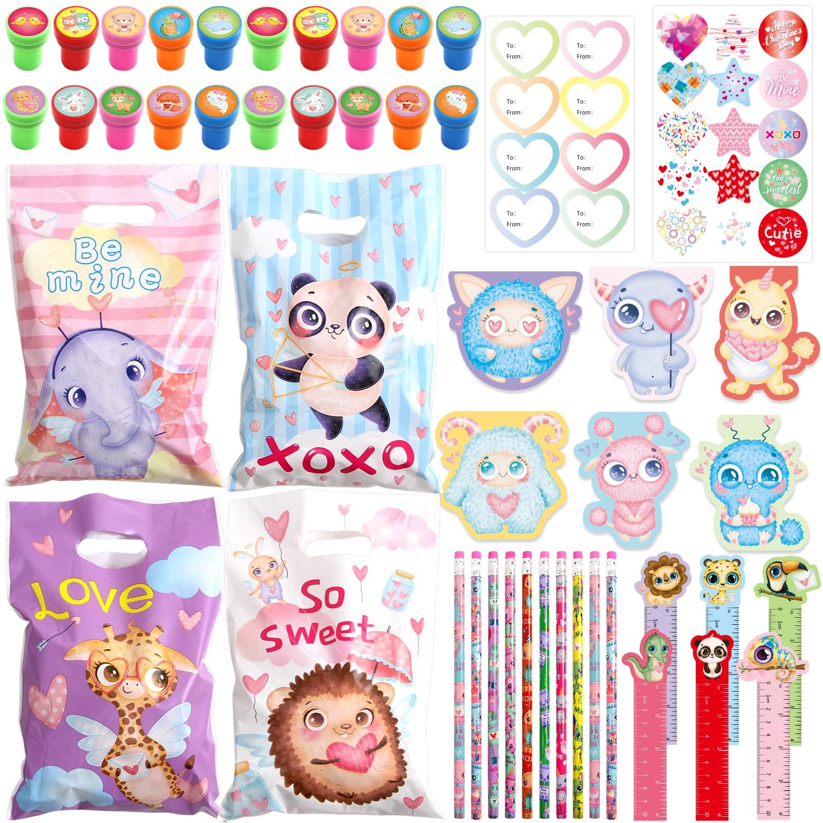 ceiba tree 24 Pack Valentines Day Stationery Gift Set with Treat Bags Stamps Pencils Stickers Rulers Notepad for Kids Party Favo