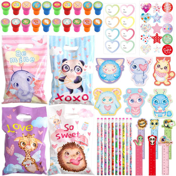 ceiba tree 24 Pack Valentines Day Stationery Gift Set with Treat Bags Stamps Pencils Stickers Rulers Notepad for Kids Party Favo