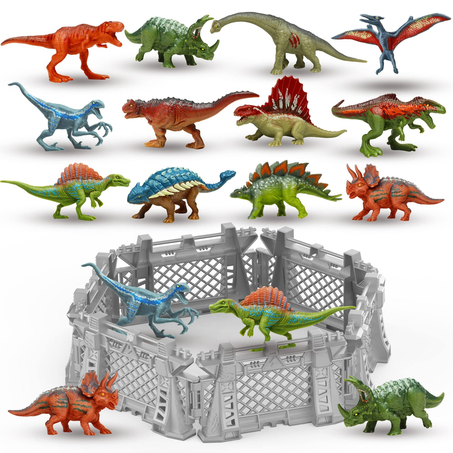 Oriate 12Pcs Mini Dinosaurs Figures Figurines Toys For Kids 3-5 5-7, Capture N Escape Dino World Playset, Including 6 Dinosaur Fences, Realistic Jurassic Sets For Kids Birthday Gifts Cake Topper
