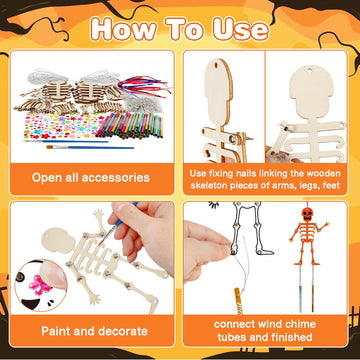 Fennoral 9 Pack Skeleton Wind Chime Kit For Kids Make You Own Skeleton Wind Chime Hanging Ornaments Diy Coloring Wooden Hallowee