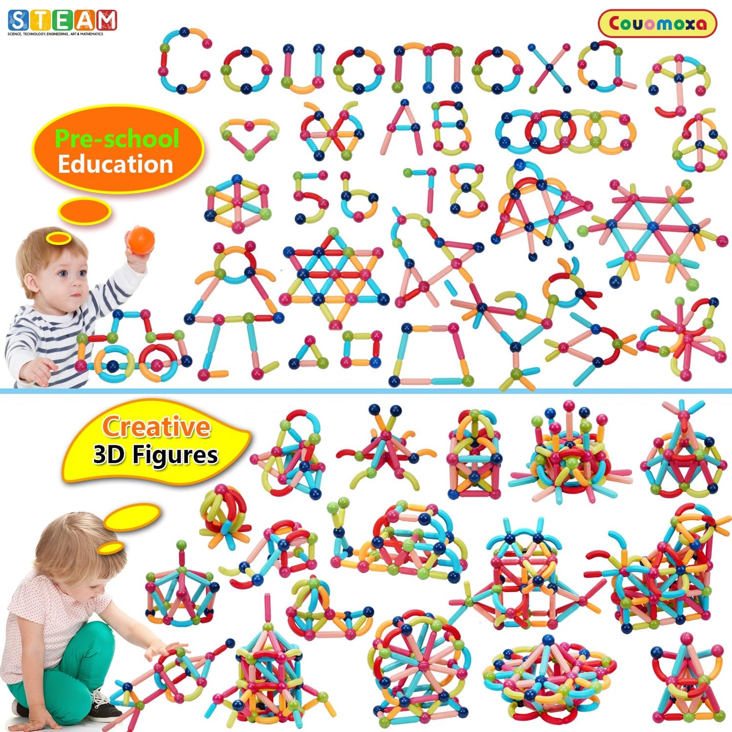 Couomoxa 132 Pcs Magnetic Building Blocks Toy-Stem Construction Building Set Learn Resource For Toddler Kids Magnet Toys For 3+ Year Old Montessori Toys For 2-6 Year Old Girl Boys Birthday Gift