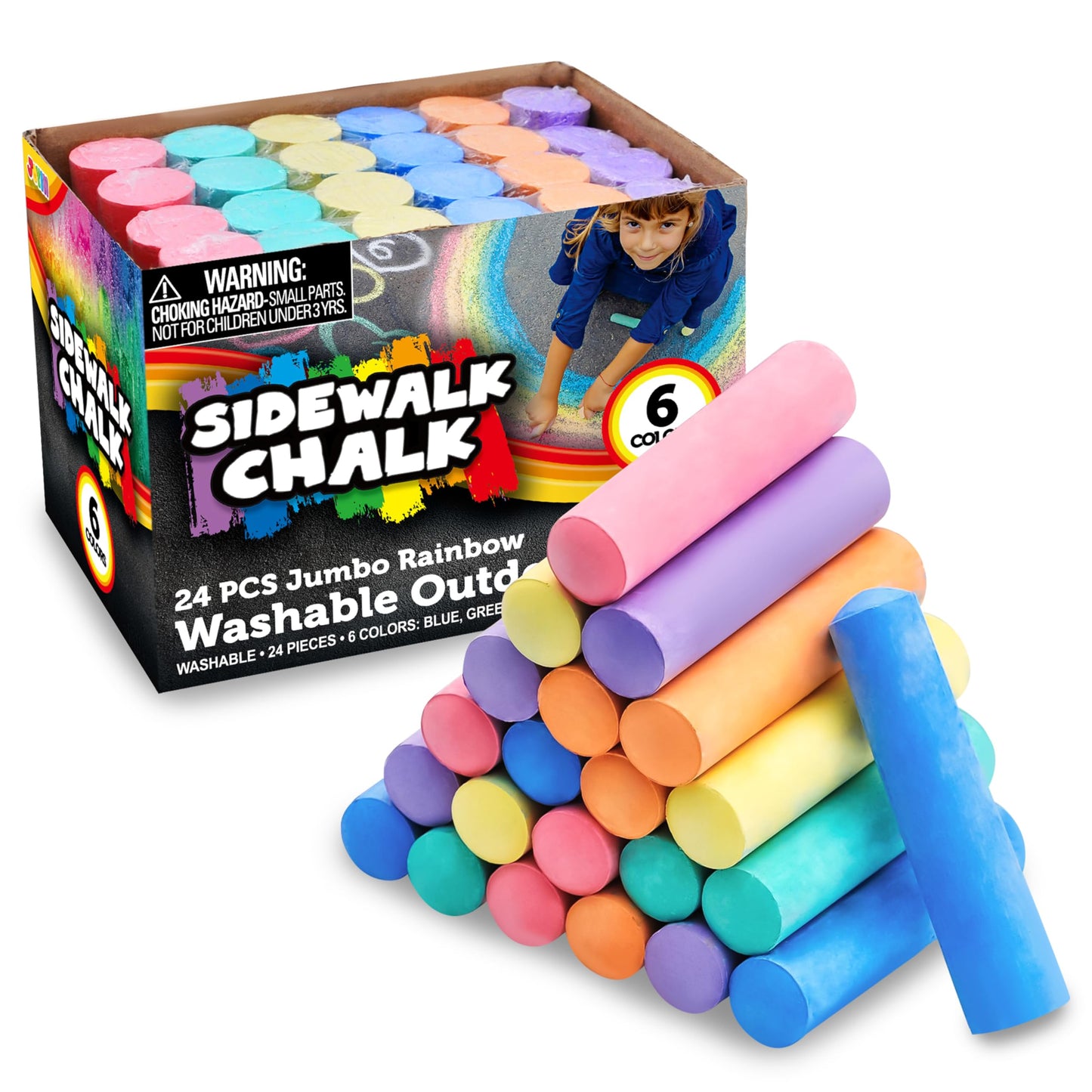 24 PCS Washable Sidewalk Chalks Set Non-Toxic Jumbo Chalk for Schools, Outdoor Art Play, Paint on Chalkboard, Blackboard and Pla