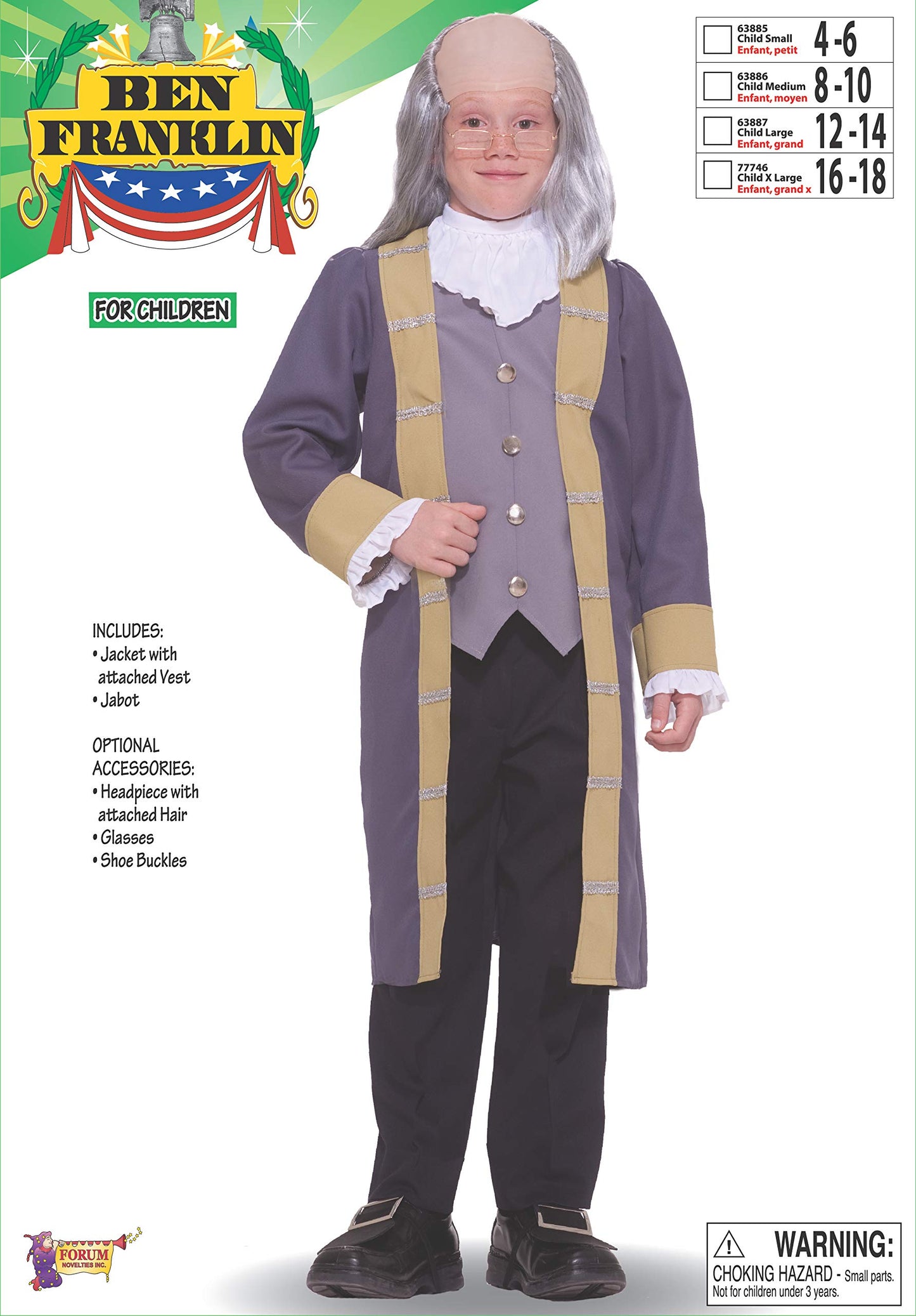 Rubie's Child's Forum Ben Franklin Costume  X-Large for Themed Parties and Halloween Grey/White