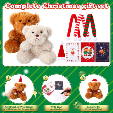 Foilswirl 24 Sets Christmas Mini Plush Bear 4 Inch Stuffed Animal Bulk Small Soft Bear Toys With Santa Hat Scarf Cards Gift Bags