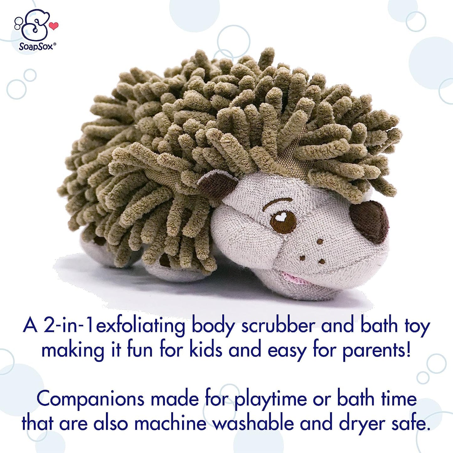 Soapsox Kids Exfoliating Bath Scrub (Hendrix The Hedgehog) - Soft Animal Toy Wash Cloth Sponge With Soap Pocket Insert - Fun Loo