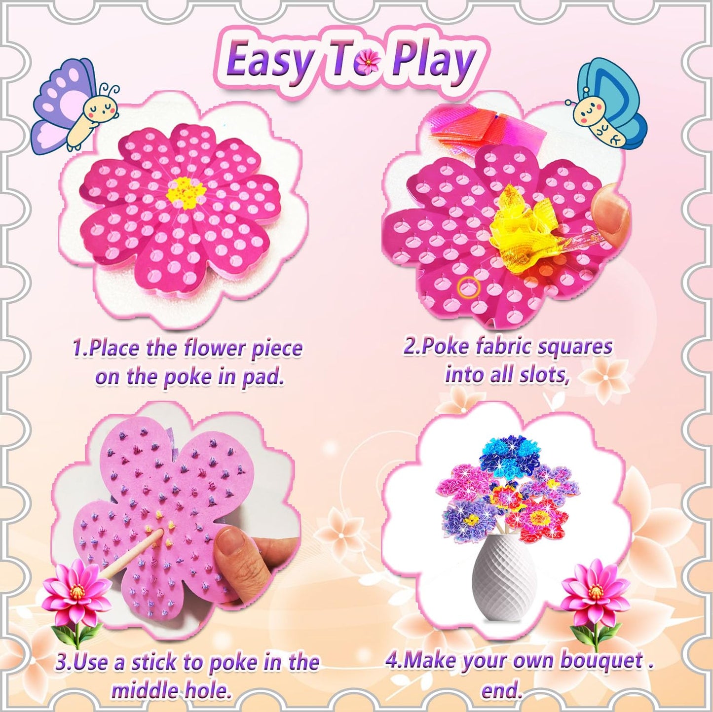 JRD&BS WINL Poke in Fun Art Kit for Kids Ages 3 up, Flower Bouquet Creative Decor Mess Free Art Set for Children Fun Activity Gi