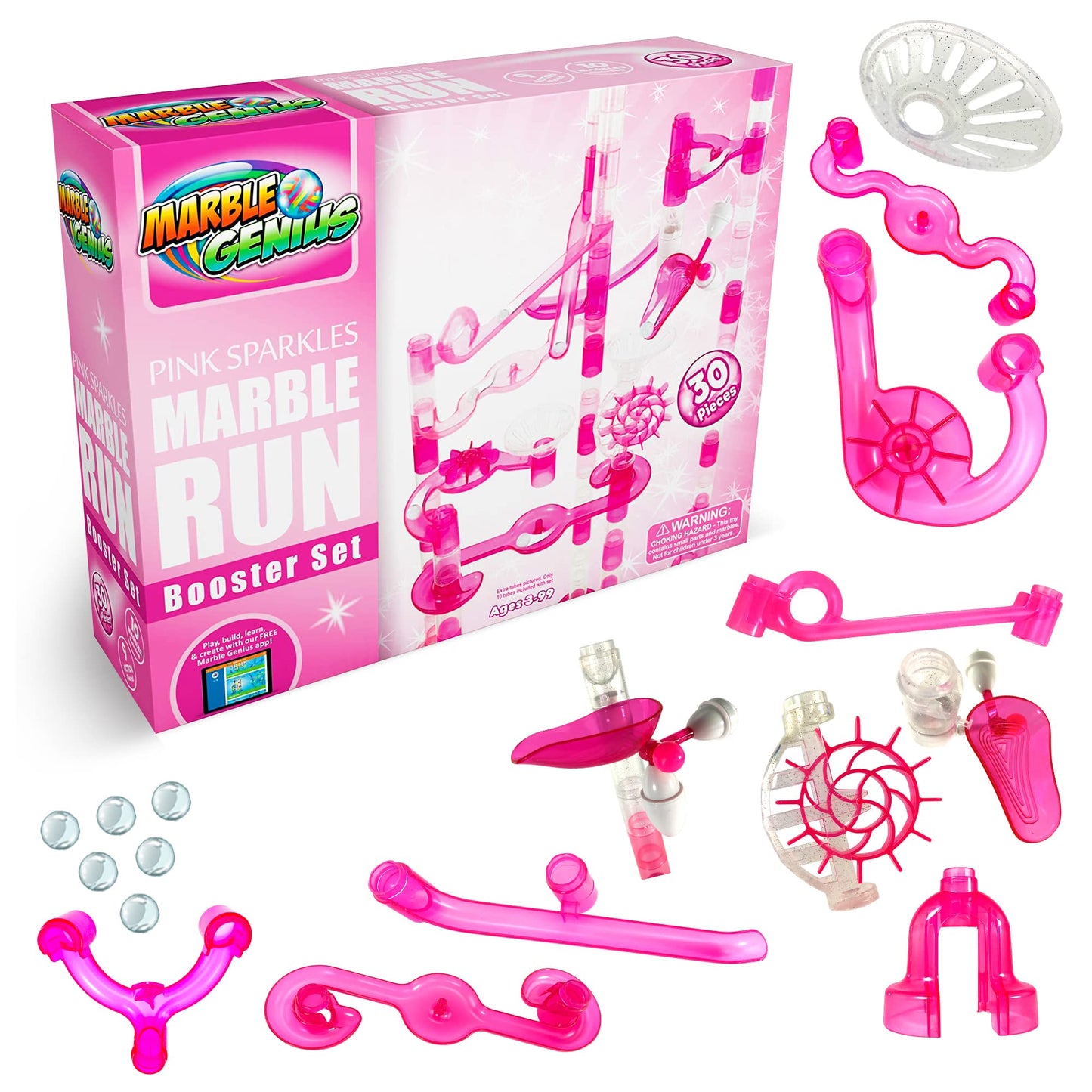 Marble Genius Marble Run Booster Set - 30 Pieces Total (10 Action Pieces Included), Construction Building Blocks Toys For Ages 3 And Above, With Instruction App Access, Add-On Set, Pink Sparkles