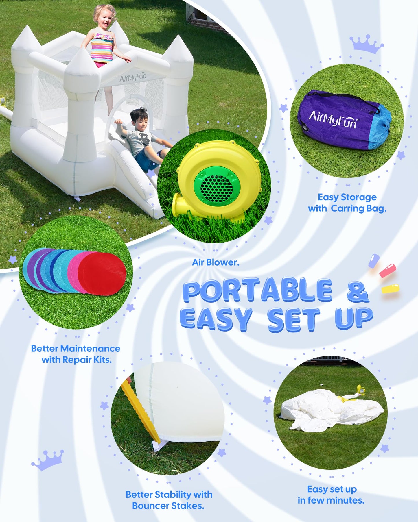 Airmyfun White Bounce House For Kids 3-8, Bounce House With Slide, Indoor Outdoor Inflatable Bounce House Playset With Air Blowe