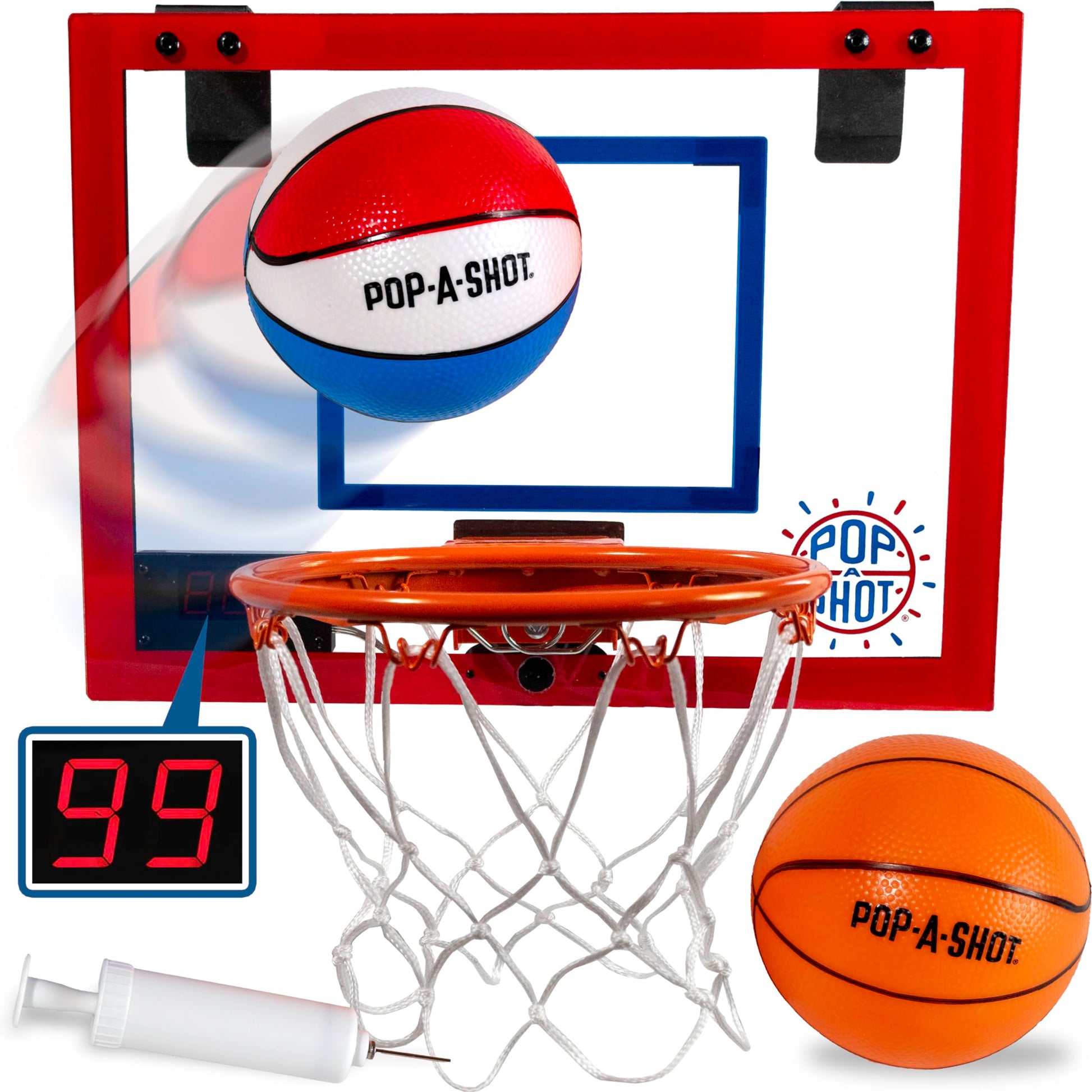 Pop-A-Shot Super Slam Over The Door Mini Basketball Hoop for mature-themeds | 2 Included Basketballs and Pump | Built for Dunks | Breakaway Rim | Shatter Resistant Backboard | 17x12.5 Inches