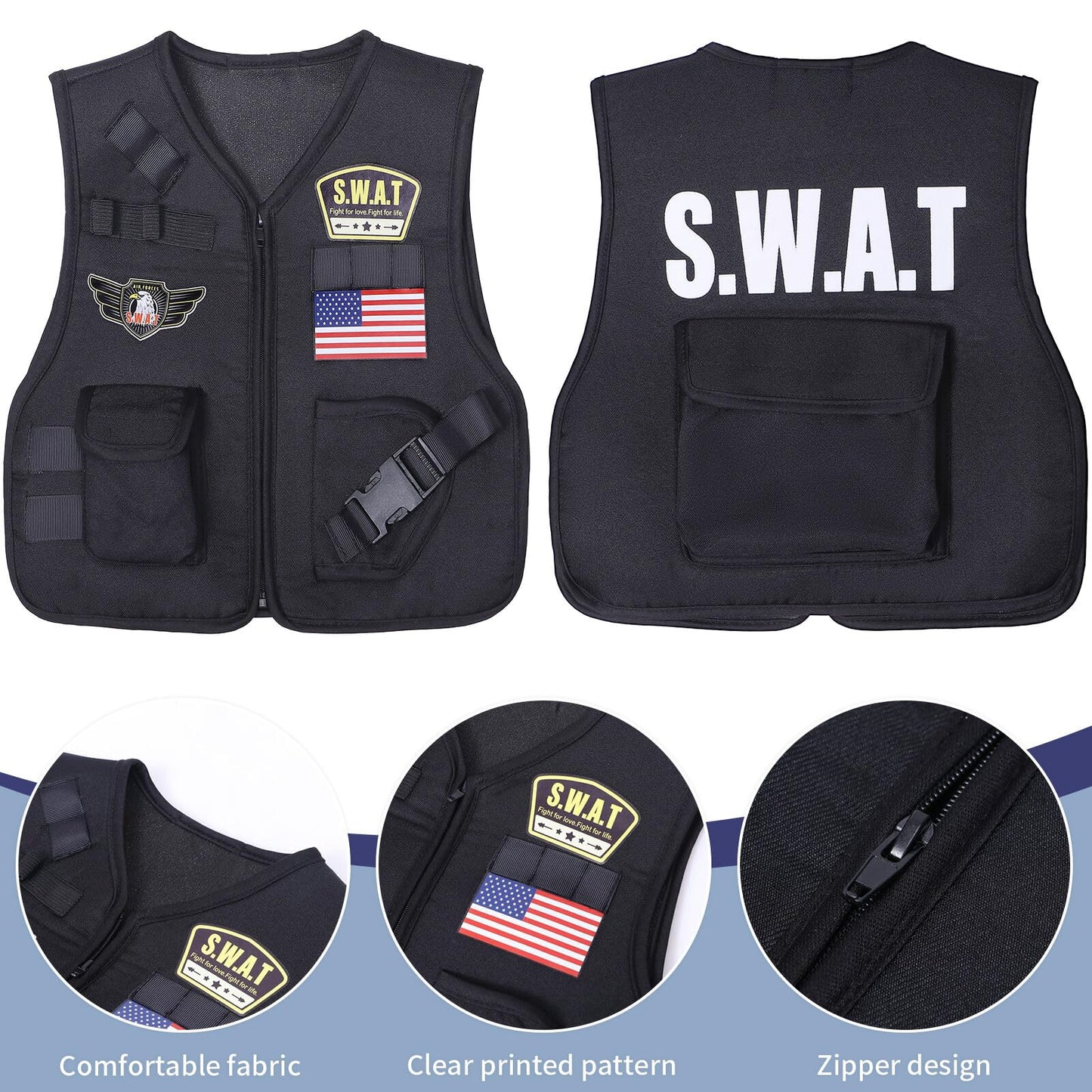 Latocos 15 Pcs Swat Police Officer Costume For Kids With Vest Accessories Cop Dress Up Role Play Set For Halloween Cosplay