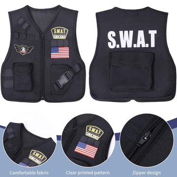 Latocos 15 Pcs Swat Police Officer Costume For Kids With Vest Accessories Cop Dress Up Role Play Set For Halloween Cosplay