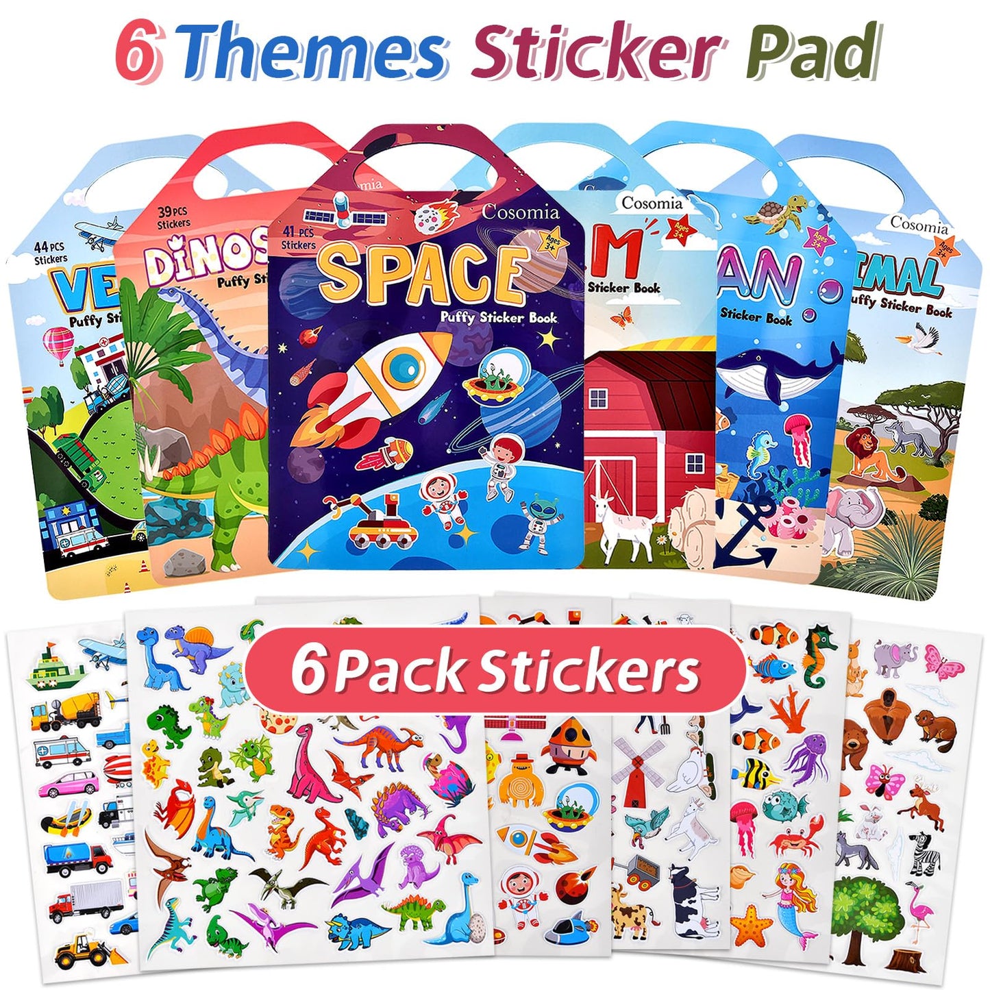 6 Set (260pcs) Puffy Sticker Books Activity for Kids, Animal, Farm, Dinosaurs, Space, Vehicle, Ocean, 3D Reusable Stickers for B