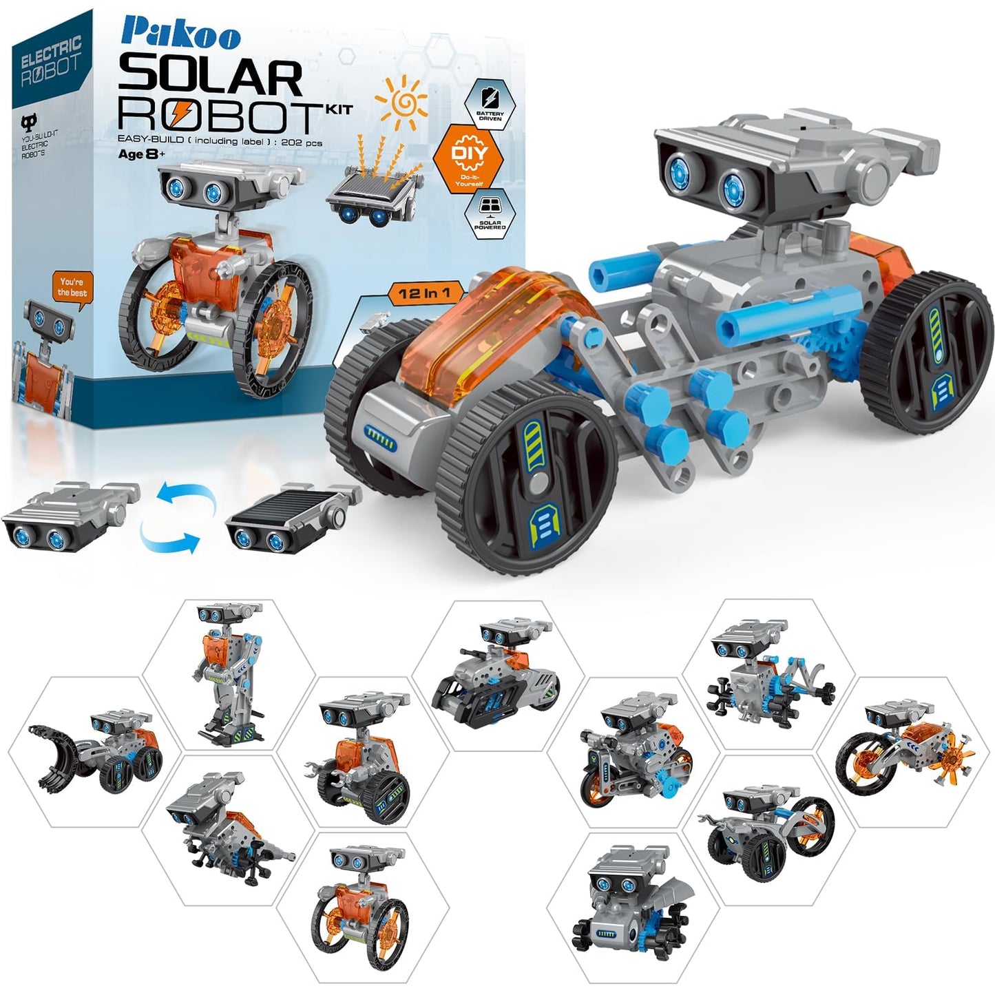 12 In 1 Solar Robot Kit, Diy Solar Power Building Kit With Solar Panel And Battery Power, Education Science Experiment Birthday Idea Gifts Toy For Kids 8 9 10 11 12 Years Old-Grey