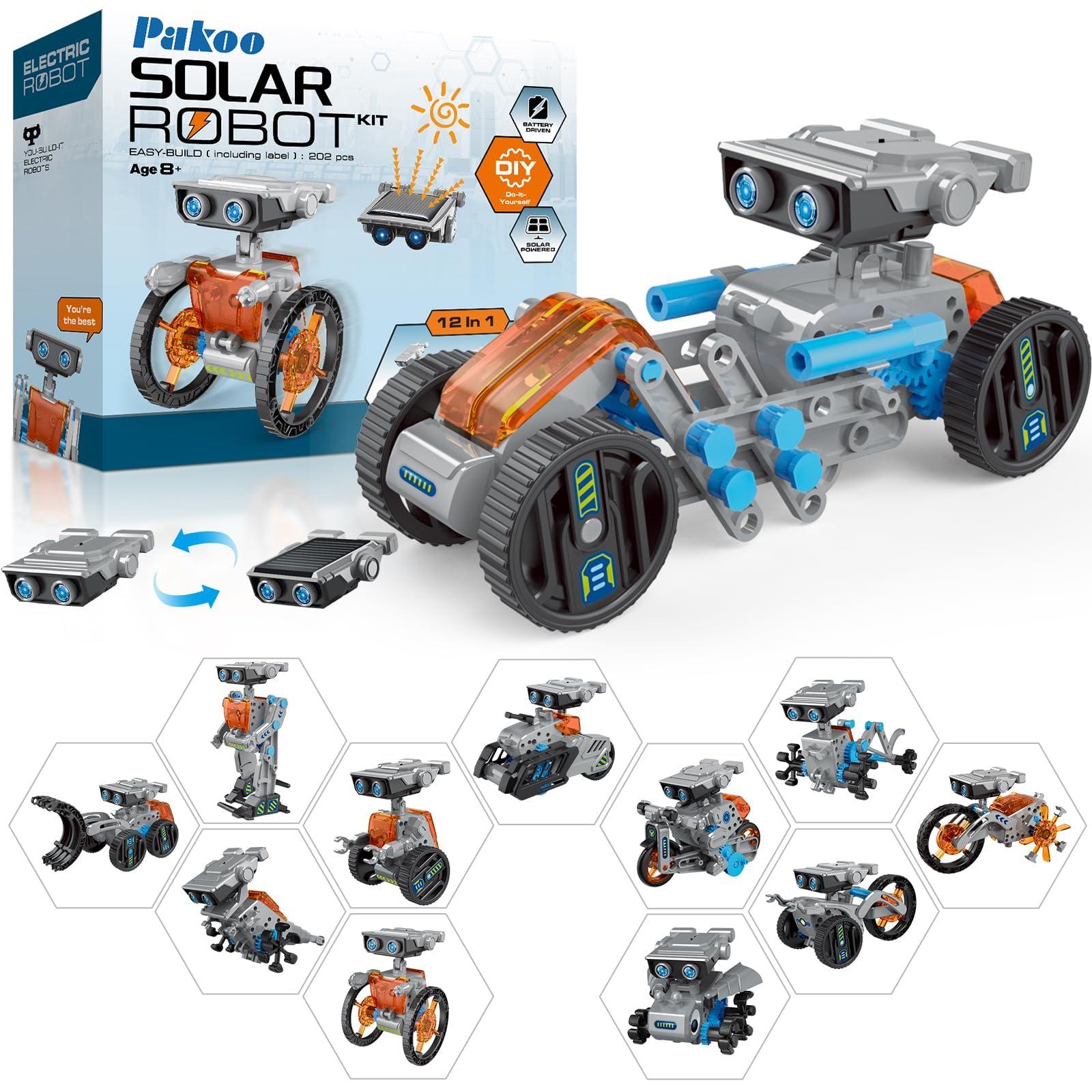 12 In 1 Solar Robot Kit, Diy Solar Power Building Kit With Solar Panel And Battery Power, Education Science Experiment Birthday Idea Gifts Toy For Kids 8 9 10 11 12 Years Old-Grey