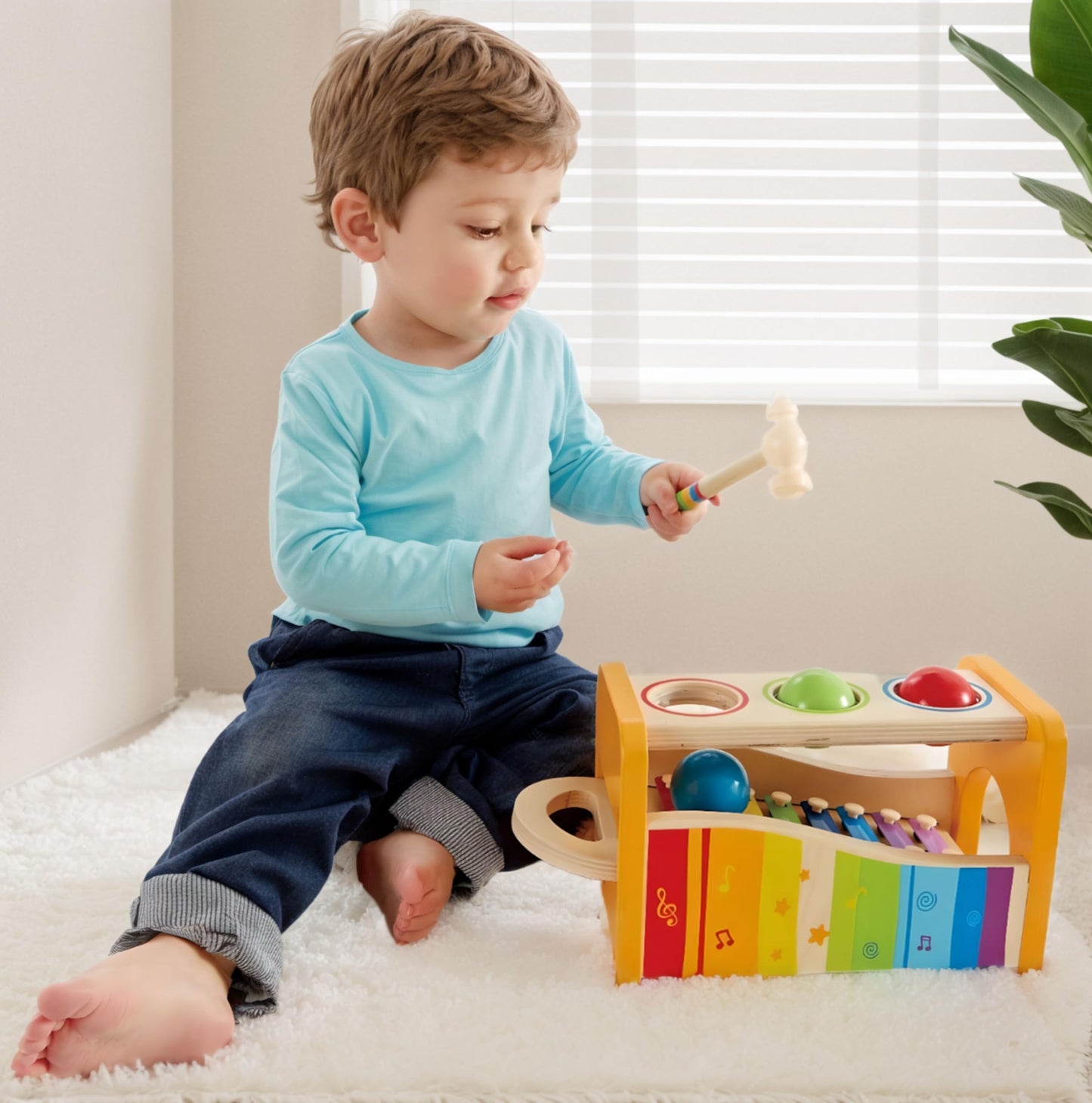 Hape Pound, Tap, & Shake! Music Set - Award Winning Wooden Pounding Bench, Baby Xylophone, And Tap Along Tambourine - Developmen