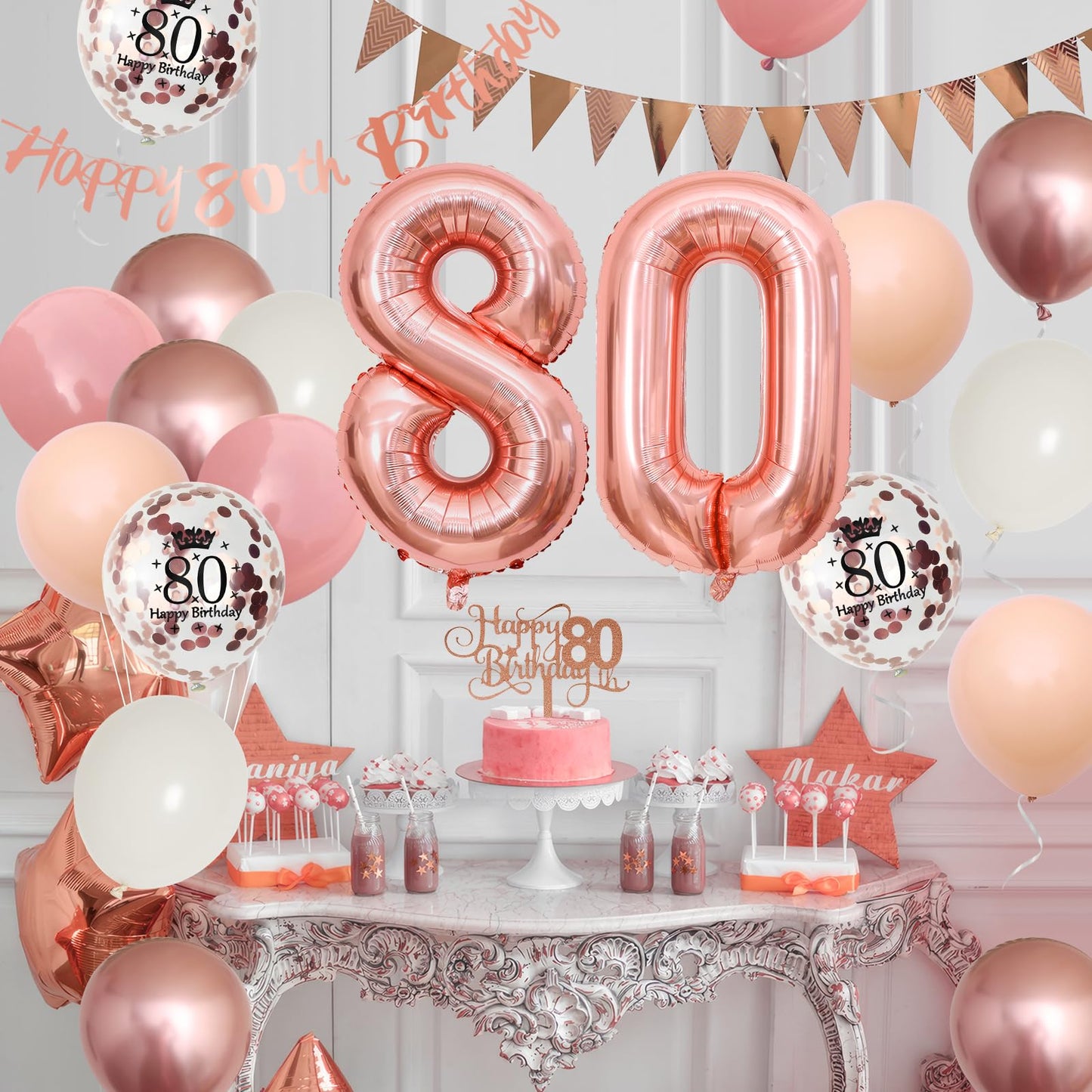 80Th Birthday Decorations Retro Pink Rose Gold,80Th Birthday Balloons,Happy 80Th Birthday Banner With Cake Toppers Rose Gold Num