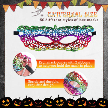 Chivao 50 Pcs Lace Mask Masquerade Venetian Eye Mask Mardi Gras Mask Flexible Masks for Carnival Birthday Valentine's Day(Colorf