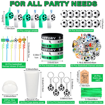 Weysat 268 Pcs Soccer Party Favors Sets for 24 People Birthday Gifts Goody Cups with Straws Key Chains Whistles Silicone Wristba