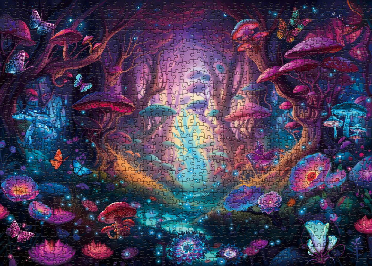 Magical Forest Puzzles Mushroom 1000 Pieces For Adults, Glow Art Jigsaw Puzzles Butterfly, Glitter Flower Jigsaw Puzzle Collage Puzzles As Family Game