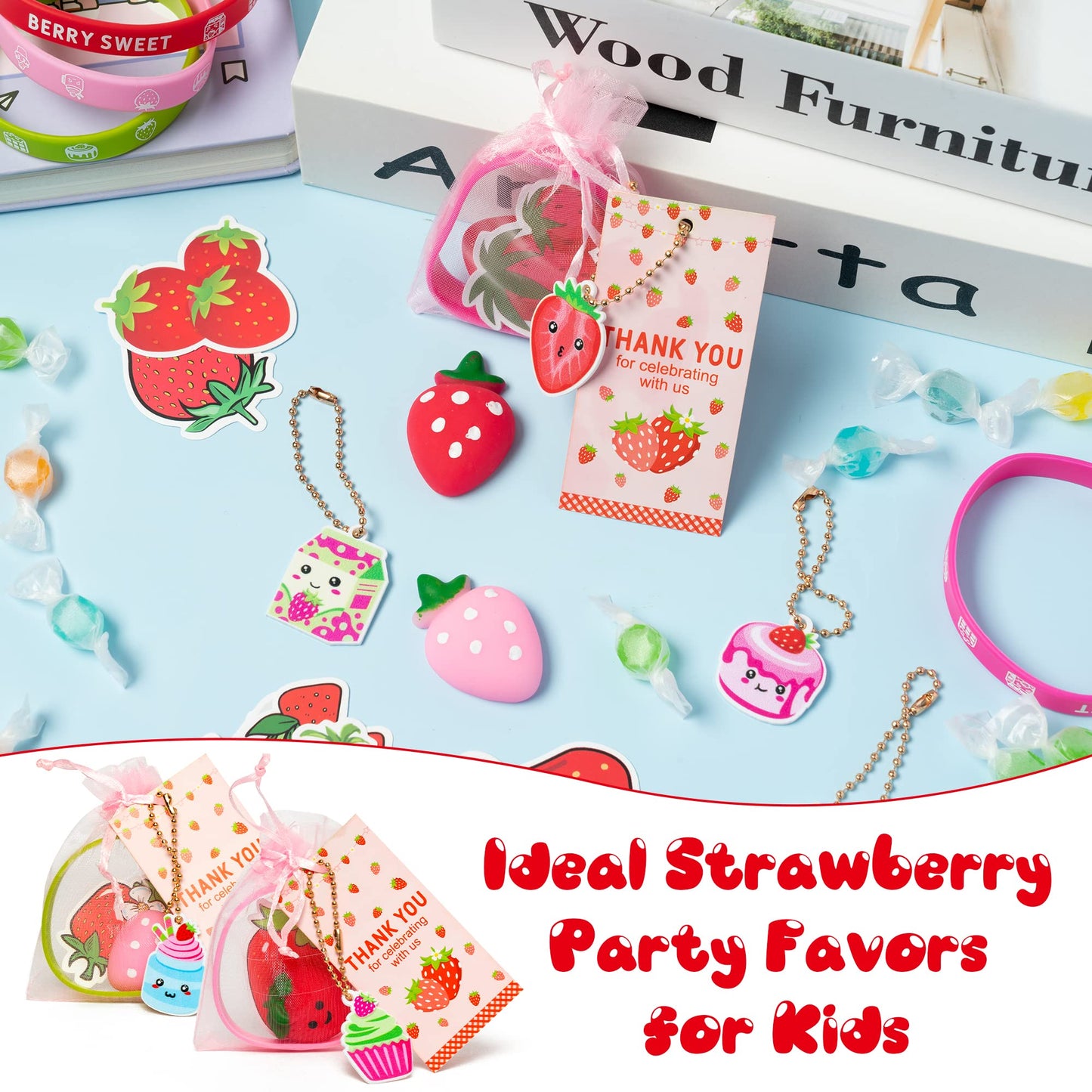 Haooryx 110PCS Strawberry Theme Party Favors Fruit Mochi Toys Berry Sweet Rubber Bracelet Acrylic Strawberry Scrapbook Stickers