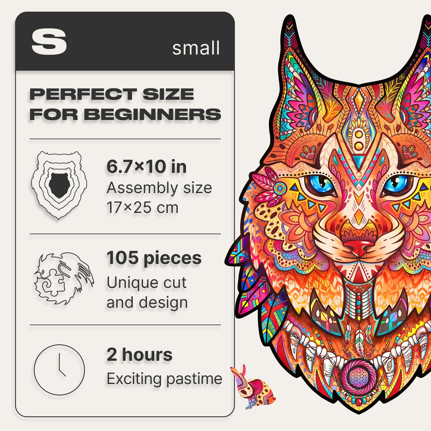Unidragon Original Wooden Jigsaw Puzzles - Gentle Lynx, 105 Pieces, Small Size 6.7'' ?10, Beautiful Gift Package, Unique Shape B