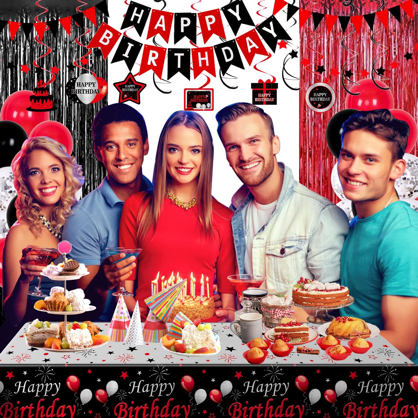 Red And Black Birthday Decorations For Men Women, 74Pcs Happy Birthday Party Decorations For Boys Girls With Happy Birthday Banner Tablecloth Foil Fringe Curtains Hanging Swirls Decor Black And Red Party Decorations Bday Party Supplies