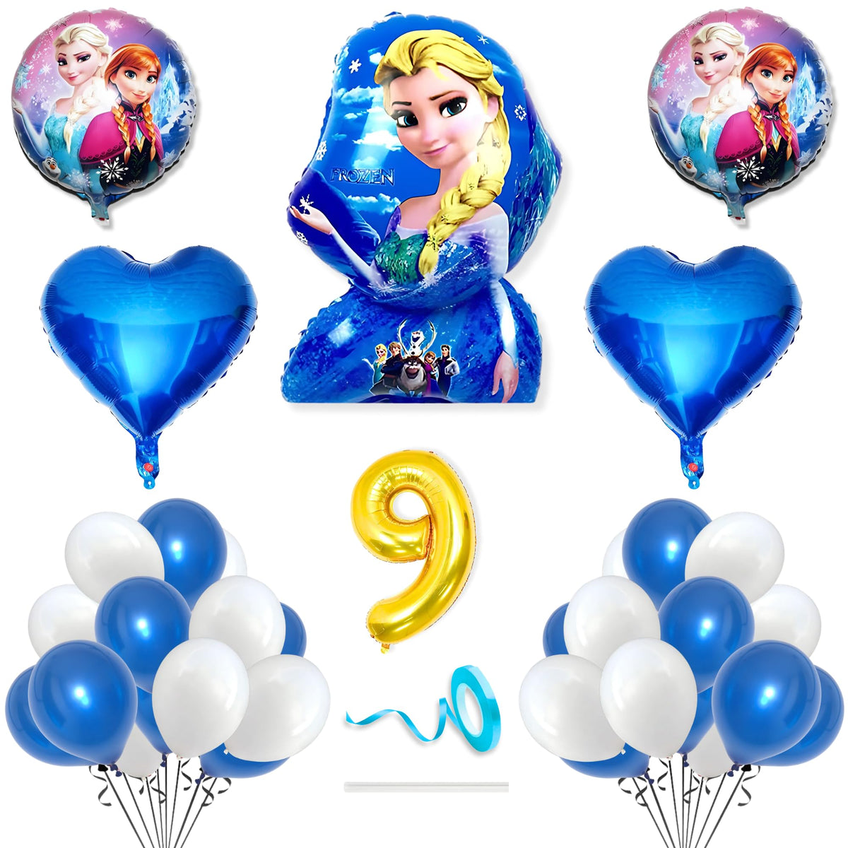 Flyloons 9Th Frozen Theme Birthday Decorations Kit Blue White For 9 Year Old Baby Boys Girls Kids 5 Pcs Elsa Anna Theme 30 Pcs M