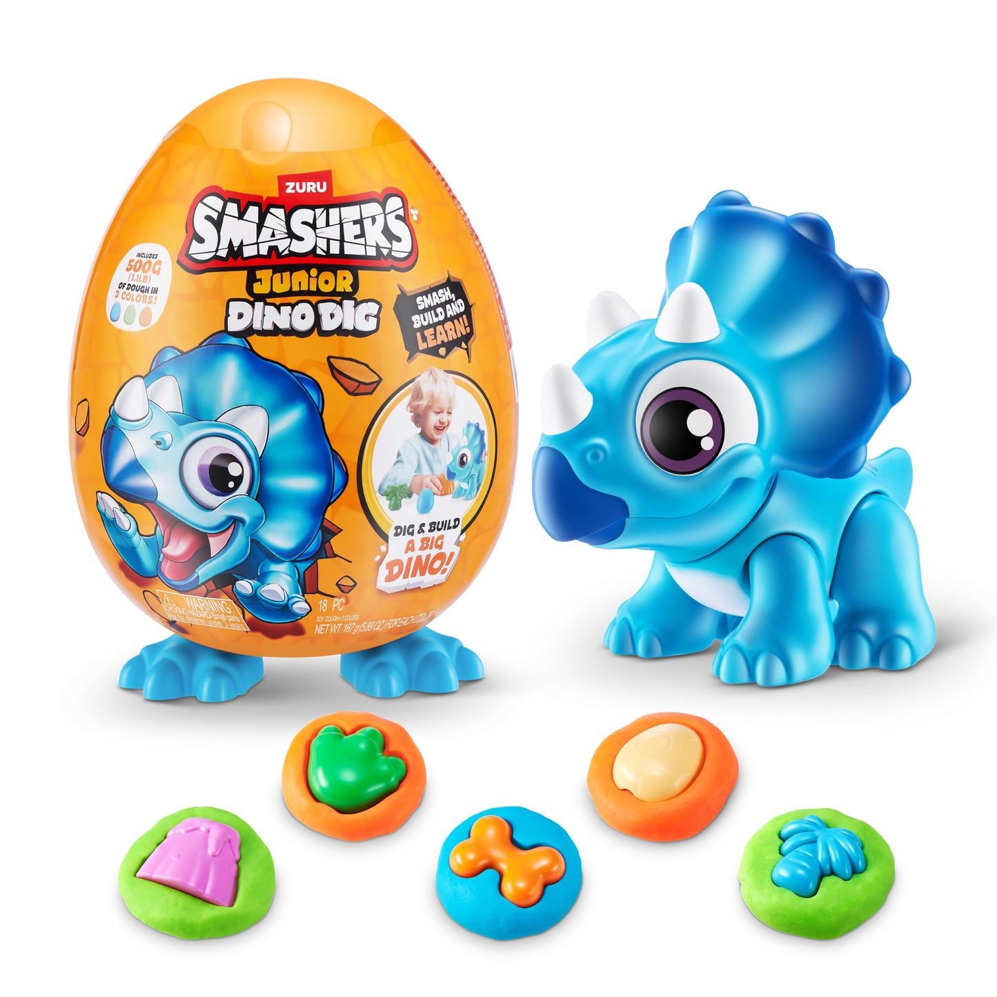 ZURU SMASHERS Junior Dino Dig Small Egg - Triceratops - 12+ Surprises - Plastic Preschool Toys - Model 74116B - Ages 3+