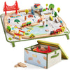 Tiny Land 110pcs Wooden Train Set with Folding Storage Box, Wooden Train Track Toy for Boys & Girls, Age 3-7, Includes Convenien