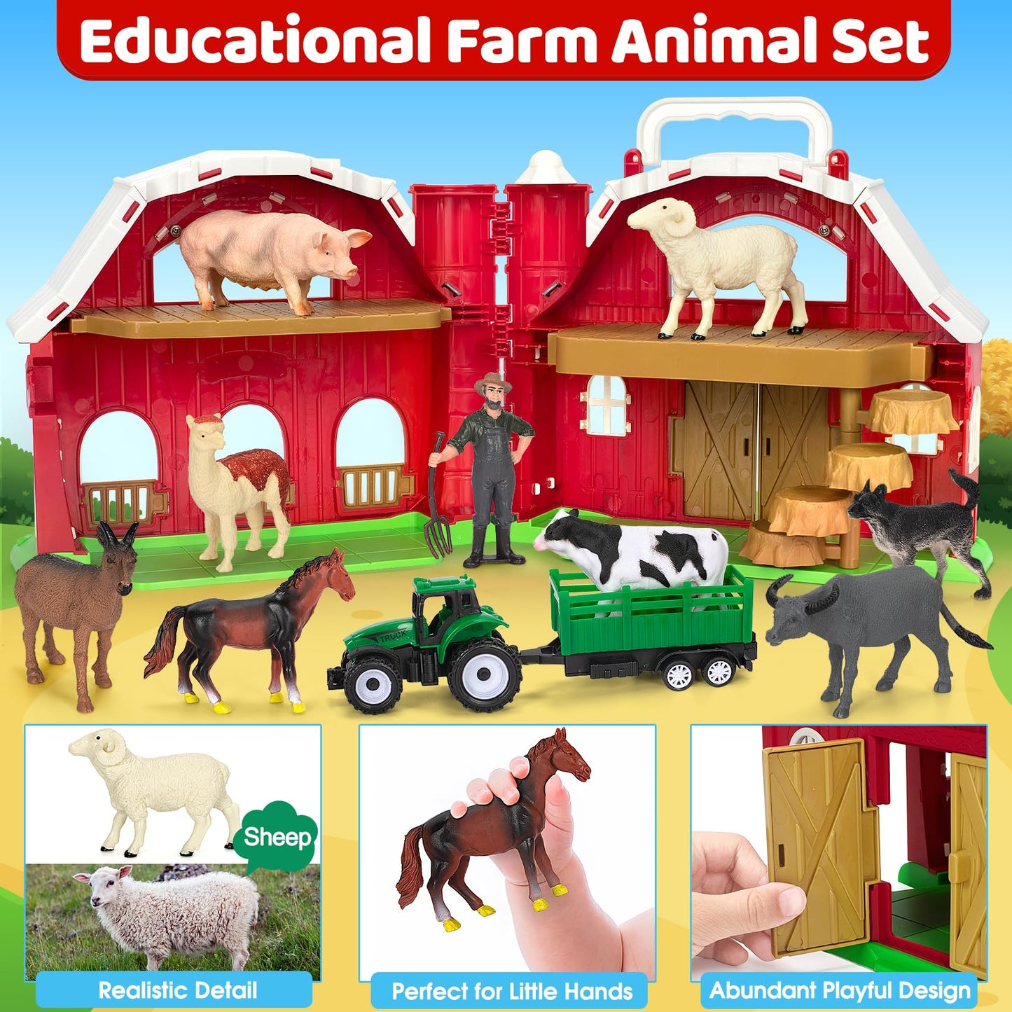Farm Animals Toys For 1 2 3 Year Old Toddlers Girls Boys, Big Red Barn Farm Playset With Figures Animals And Tractor Toys For Ki