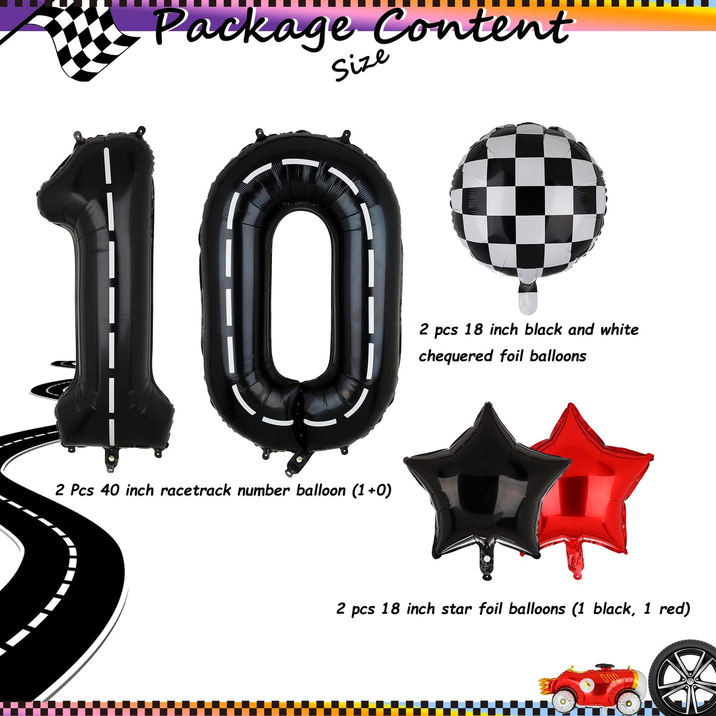 Race Car Birthday Balloons 40 Inch Racetrack Number Balloon 10 Black Boys 10St Birthday Race Car Theme Party Decor Supplies 6 Pc