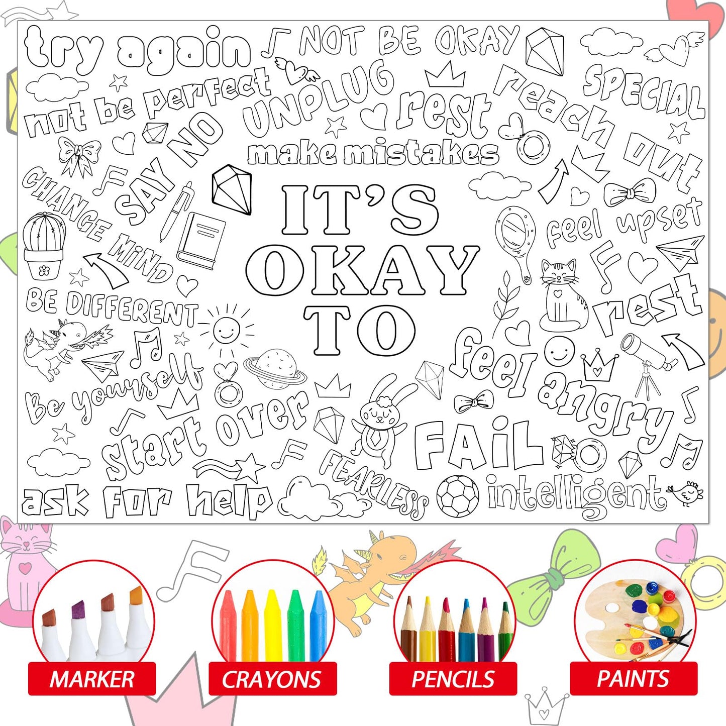Positive Affirmations Coloring Poster For Kids Giant Huge Inspirational Coloring Tablecloth Large Positive Coloring Books Jumbo