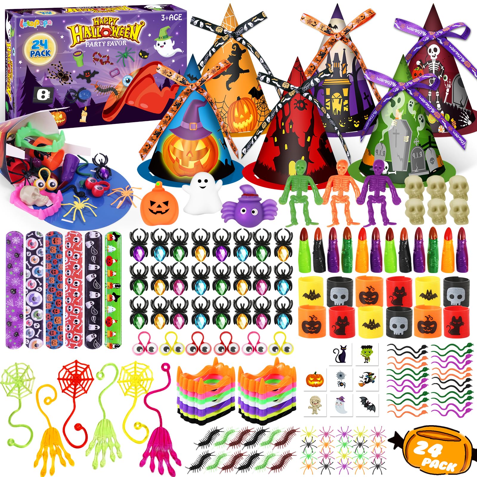 Letapapa 234 PCS Halloween Party Favors for Kids, 24 Pack Witch Hat Treat Bags Filled with Halloween Toys Bulk, Halloween Goodie